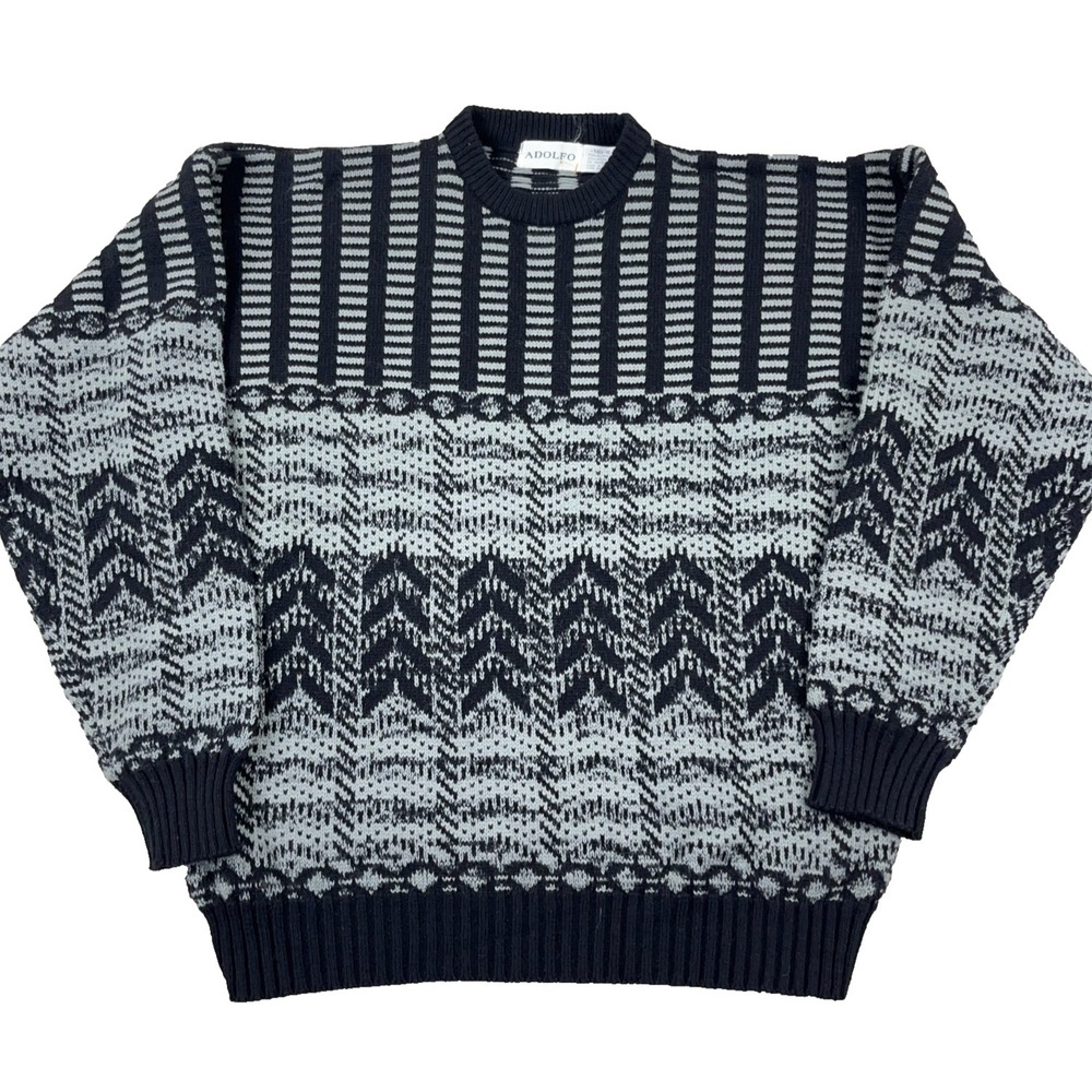Vintage Grandpa Sweater Men XLT Black Gray Geometric Knit Golf 90s Cosby